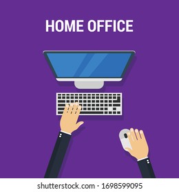 home office concept - top view, business man on pc.Conceptual vector illustration in flat style design.Isolated on background.