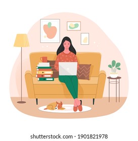 Home office concept. Vector flat illustration of young cartoon woman sitting with a laptop on a sofa in her living room. Isolated on background