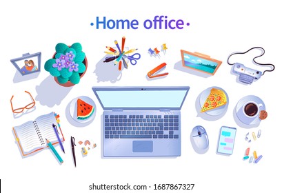 Home Office concept. Vector top view illustration of workplace with isolated objects on white background.
