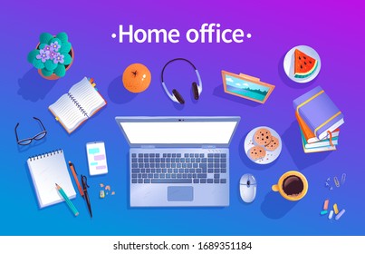 Home Office concept. Vector top view illustration of workplace with isolated objects on blue and violet gradient background.