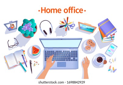 Home office concept. Vector top view illustration of workplace with isolated objects on white background.