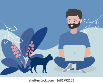 Home office concept vector. Young man working on computer . Modern minimalist design.