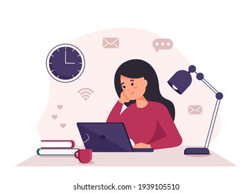 Home office concept, woman with laptop working from home, student or freelancer.