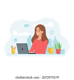 Home office concept, woman with laptop, student or freelancer. Illustration in flat style