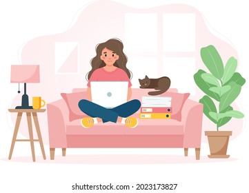 Home office concept, woman on a sofa working, student or freelancer. Cute vector illustration in flat style