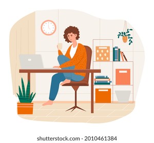 Home office concept. Woman is sitting at her laptop at her workplace and working. Remote work or freelance. Free schedule. Cartoon modern lat vector illustration isolated on a white background