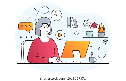 Home office concept. Woman sitting in room at her workplace and working at computer. Freelance or Remote work due to pandemic. Cartoon doodle flat vector illustration isolated on a white background