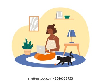 Home Office concept. Woman sitting on soft carpet in apartment and working on laptop. Remote profession or freelance. Cartoon contemporary flat vector illustration isolated on white background