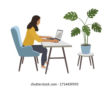 Home office concept. Woman work from home with notebook. Modern workplace for student, freelancer, business. Online manager, internet working. Girl worker. Stay at home. Cartoon vector illustration.