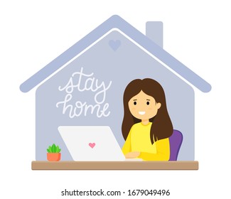 Home office concept. Woman working at home at the computer. Student or schoolboy, freelancer, blogger. Isolated vector illustration in a flat style. Stay at home during the epidemic of the covid-19.