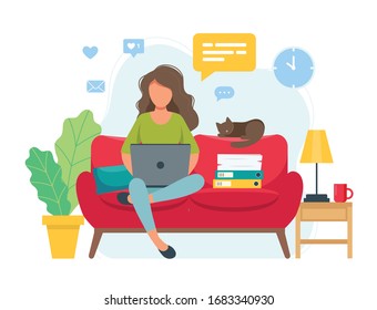 Home Office Concept, Woman Working From Home Sitting On A Sofa, Student Or Freelancer. Cute Vector Illustration In Flat Style