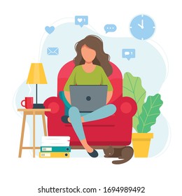 Home office concept, woman working from home sitting on a chair, student or freelancer. Cute vector illustration in flat style