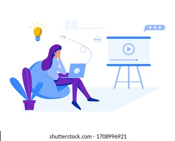 Home office concept, woman working from home sitting on a sofa, student or freelancer. Cute vector illustration in flat style.