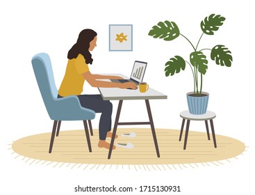 Home office concept. Woman working from home. Business people, student or freelancer. Coronavirus quarantine lifestyle. Online internet work. Cozy interior with workplace. Cartoon vector illustration
