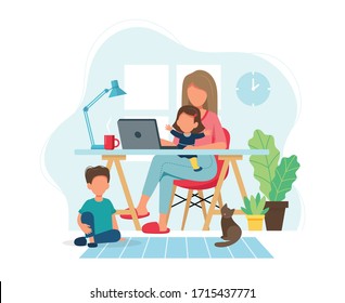 Home office concept. Woman working from home with kids in cozy modern interior. Vector illustration in flat style