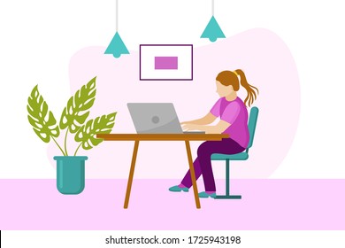 Home office concept, woman working at laptop from home, student or freelancer. Vector flat illustration.