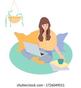 Home office concept, woman working from home, student or freelancer. Cute vector illustration in flat style