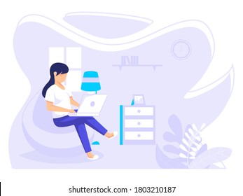 Home office concept, Woman working from home, student or freelancer. Vector illustration in flat style.