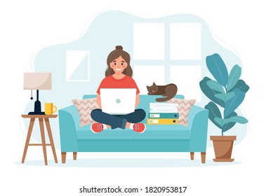 Home office concept, woman working from home sitting on a sofa, student or freelancer.