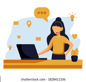 Home office concept, woman working from home, student or freelancer. Cute vector illustration in flat style