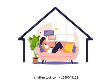 Home office concept, woman working from home lying down on a sofa, student or freelancer. Vector illustration in flat style