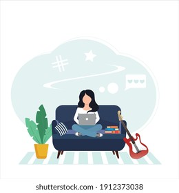 A home office concept, a woman working from home, sitting on the couch, a student, a freelancer, or studying a concept. Vector illustration in a flat style.