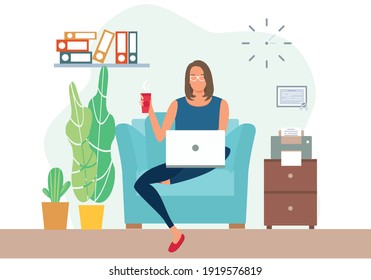 Home office concept. Woman working from home. Student or freelancer concept. Girl with laptop sitting on the chair. Freelance or studying concept. Cute vector illustration, flat style