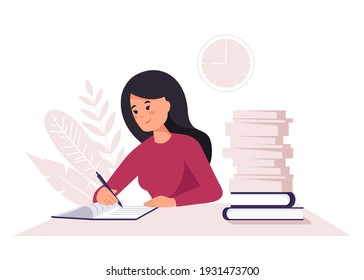 Concepto de oficina en el hogar, mujer que trabaja desde el hogar, estudiante o independiente. Mujer estudiando con libros. Mujer con libros, estudio o concepto de trabajo. Ilustración plana del vector