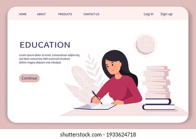 Home office concept, woman working from home, student or freelancer. Woman studying with books. Woman with books, studying or working concept. Vector flat illustration