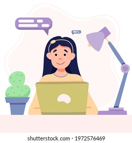 Home office concept, woman working from home, student or freelancer. Cute vector illustration in flat style