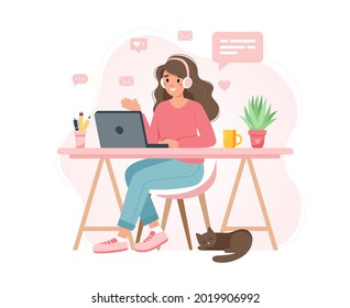Home Office Concept, Woman Working From Home, Student Or Freelancer. Cute Vector Illustration In Flat Style