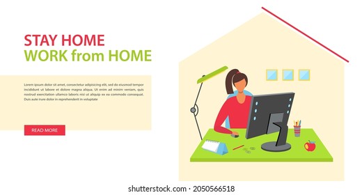 Home office concept, woman working from home sitting at the desk, freelancer or student. Landing page template, web banner. Vector illustration in flat style