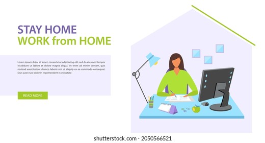 Home office concept, woman working from home sitting at the desk, freelancer or student. Landing page template, web banner. Vector illustration in flat style