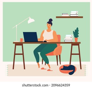 Home office concept, woman working from home, student or freelancer. Cute vector illustration in flat style. Online study, education