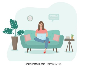 Home office concept, woman working from home sitting on sofa, female freelancer or student. Flat style. Vector illustration 