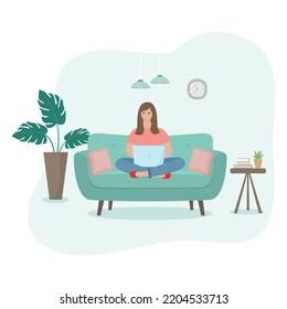 Home office concept, woman working from home sitting on sofa, female freelancer or student. Flat style. Vector illustration 