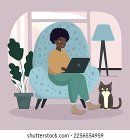 Home office concept, woman working from home sitting on an armchair, student or freelancer.