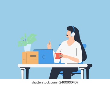 Home office concept, woman working from home, student or freelancer. Cute vector illustration in flat style. Handsome woman is working at her laptop. Modern office, work process. Vector illustration.