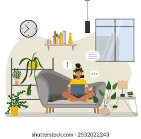 Home office concept, woman working from home sitting on a sofa, student or freelancer. 