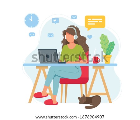 Home office concept, woman working from home, student or freelancer. Cute vector illustration in flat style