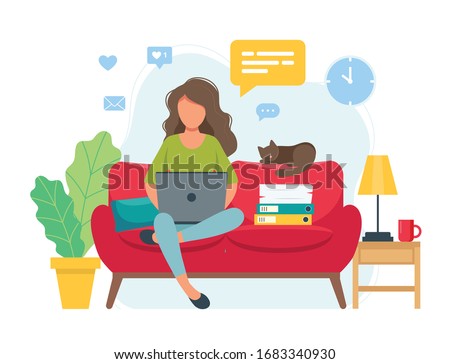 Home office concept, woman working from home sitting on a sofa, student or freelancer. Cute vector illustration in flat style