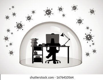 Home office concept - home work during quarantine - Corona virus warning - man with laptop under glass dome protection