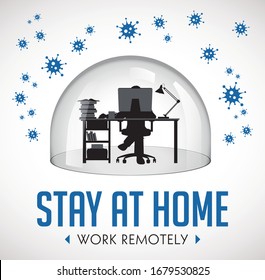 Home office concept - home work during quarantine - Corona virus warning - man with laptop under glass dome protection - stay at home work remotely