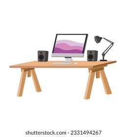 	
Home Office Concept. Workplace with computer, book shelf speakers and lighting on the desk. The office of a creative worker. Vector illustration.