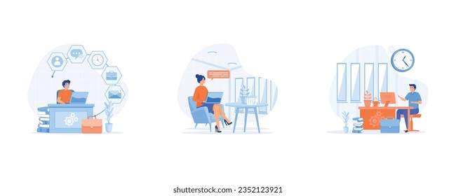 Home office concept. works from home with laptop, Freelancer or blogger home office,  set flat vector modern illustration