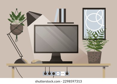 Home office concept, workspace. Computer monitor, table lamp, indoor plants on the table, world map and wall posters. Background, vector