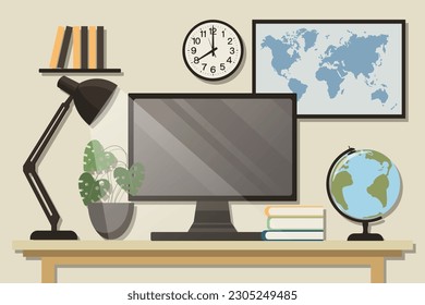 Concepto de oficina en el hogar, espacio de trabajo. Monitor informático, lámpara de mesa, plantas interiores sobre la mesa, mapas mundiales y carteles de pared. Fondo, vector	
