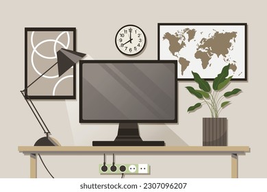 Home office concept, workspace. Computer monitor, table lamp, indoor plants on the table, world map and wall posters. Background, vector	
