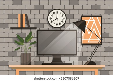 Home office concept, workspace. Computer monitor, table lamp, indoor plants on the table, world map and wall posters. Background, vector	
