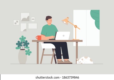 Home office concept young freelancer man working at home with laptop near lamp in cozy room- green flower in pot. Flat style cartoon vector illustration.